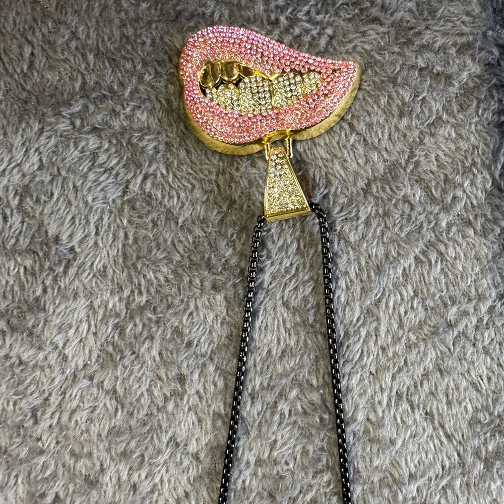 Pink and Gold Lip Pendant With Black 24 Inch Box Chain Necklace